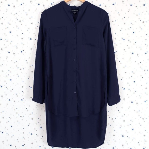 Woven Chiffon Button Up Hi Lo Blouse Shirt Navy - Picture 1 of 8
